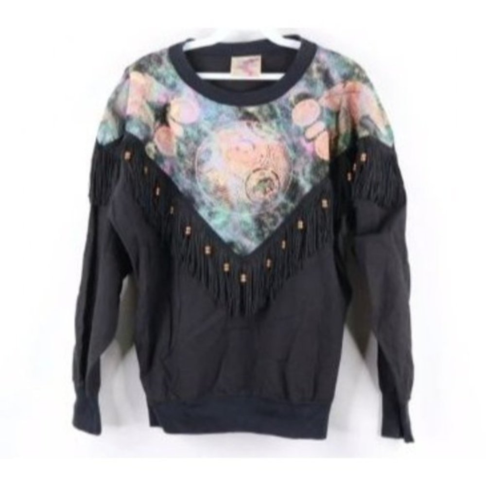 Vintage Hazelwood Southwestern Fringe‎ Sweatshirt Black Galaxy Boho XL J1